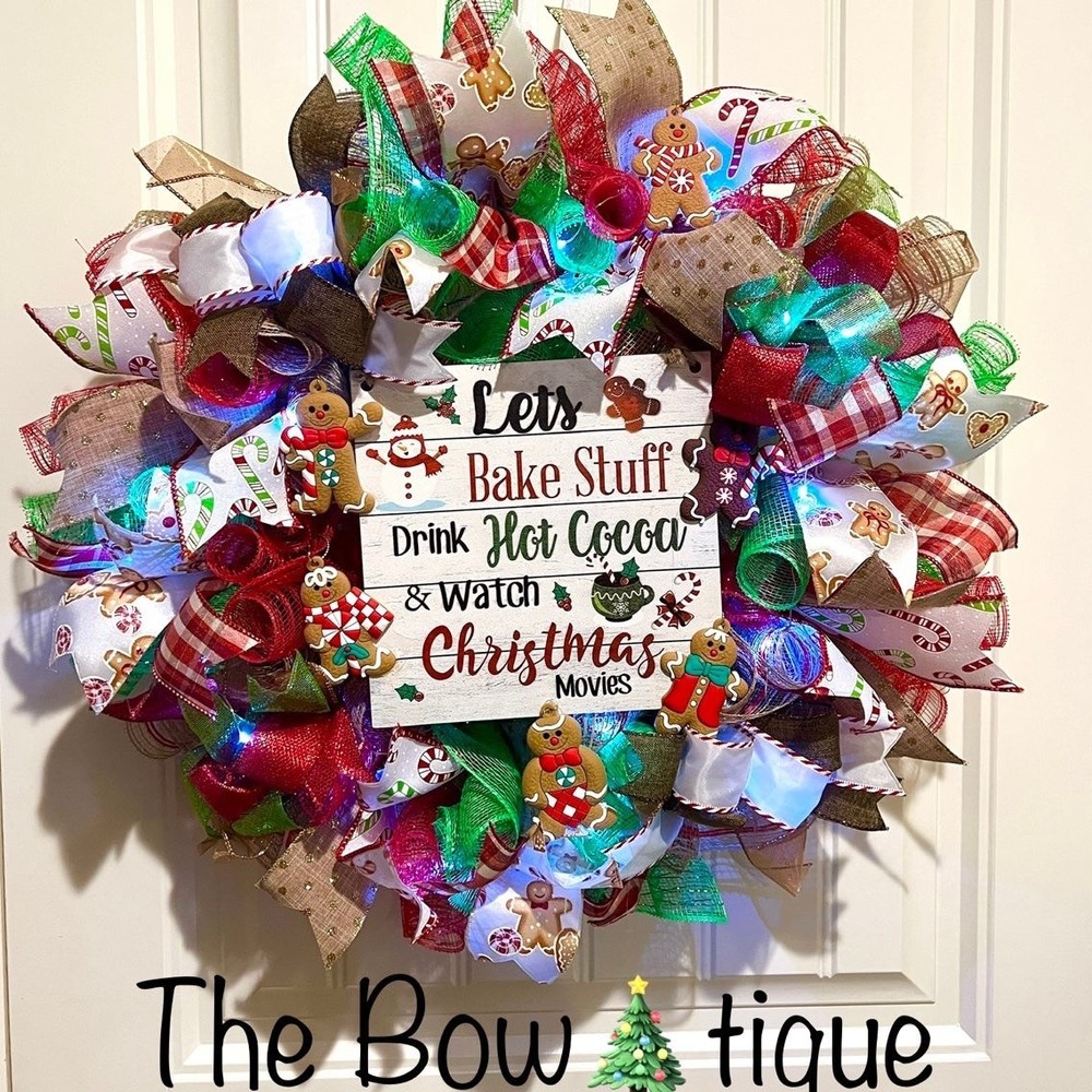 Christmas Gingerbread Man Holiday Ribbon Door Wreath Handmade 22 ins LED W5